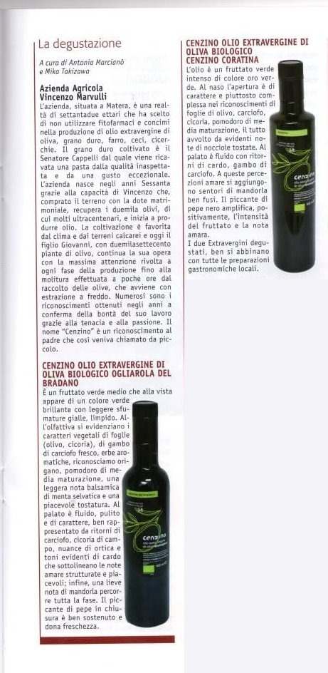 Cucina & Vini, rubrica La degustazione: schede degli oli Cenzino Ogliarola del Bradano e Coratina