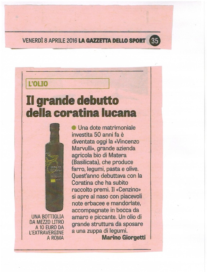 Ritaglio de La Gazzetta dello Sport dell'8 aprile 2016: Il grande debutto della coratina lucana