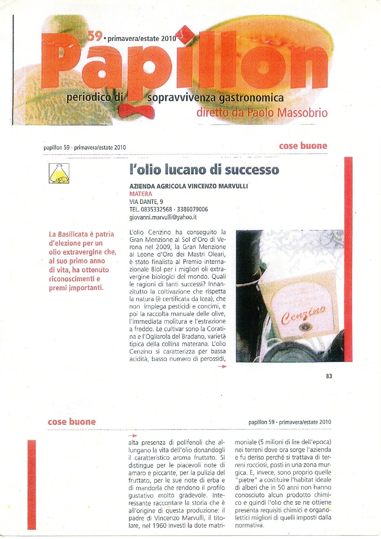 Papillon n. 59, primavera/estate 2010: L'olio lucano di successo